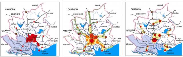 Maps of Ho Chi Minh City Centre: (left) Alternative 1: Concentration; (middle) Alternative 2: Deconcentration; (right) Alternative 3: Decentralisation